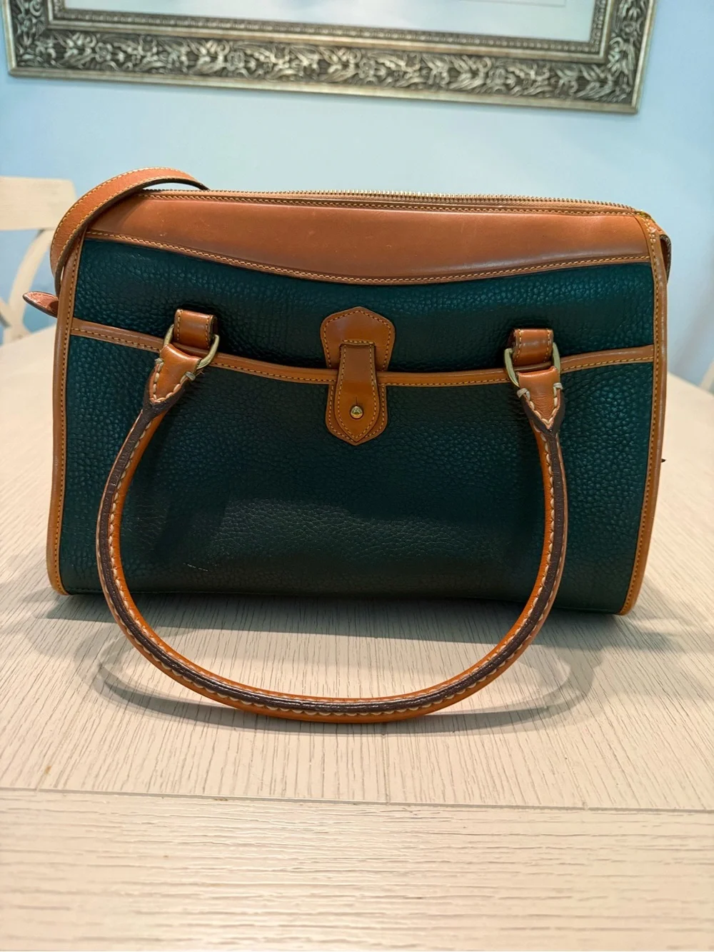 Vintage Dooney & Bourke Green Pebble Leather Crossbody with Brown Trim
